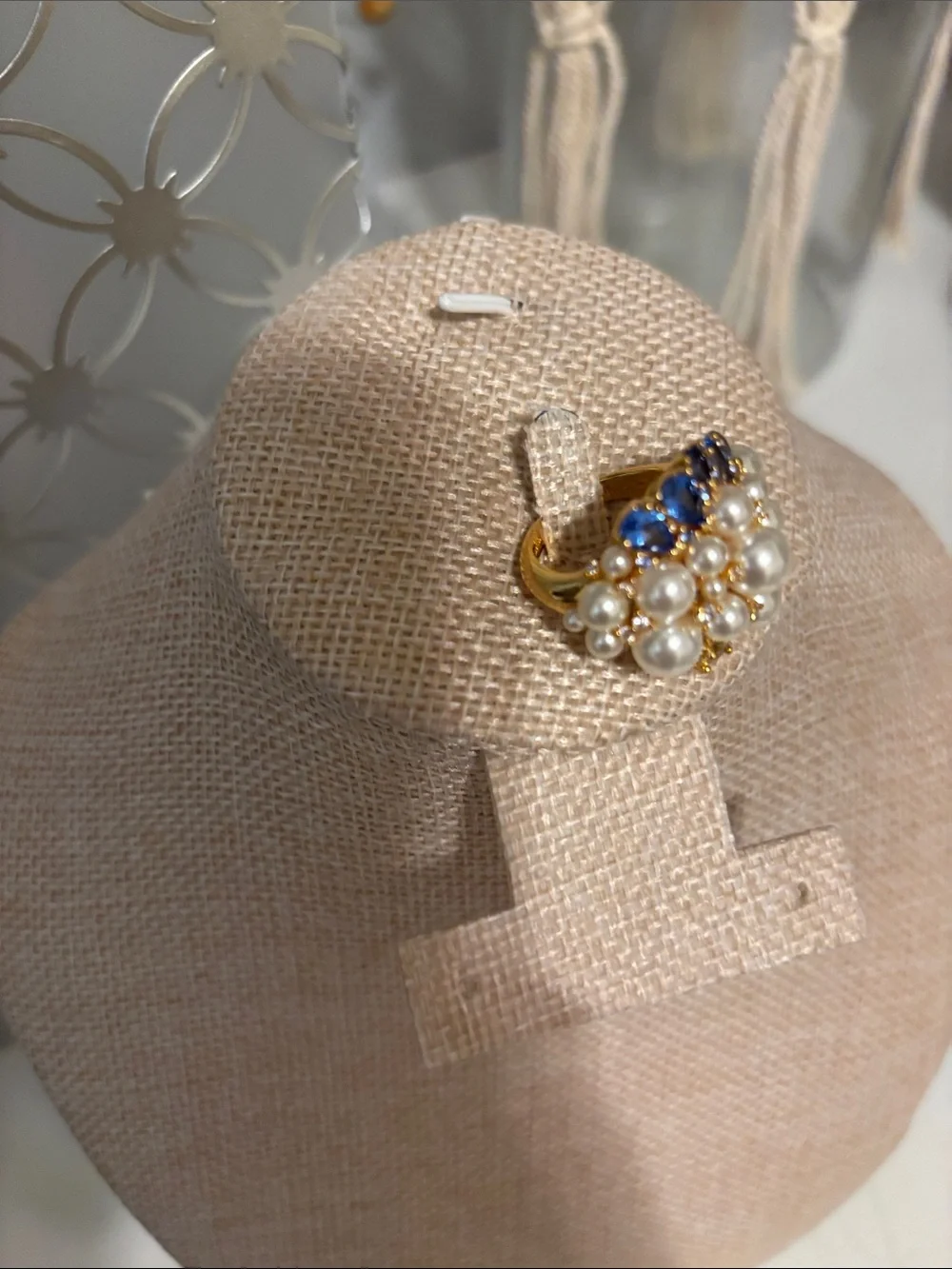 kate spade Gold Tone Ring with White Pearls and Blue Crystals